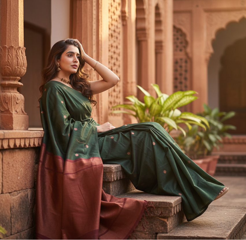 Women's Litchi silk Printed Saree With Unstitched Blouse (Dark Green) Kashvii