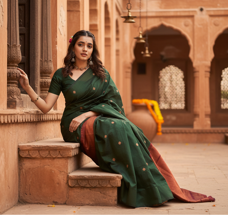 Women's litchi silk printed saree with unstitched blouse (dark green) kashvii