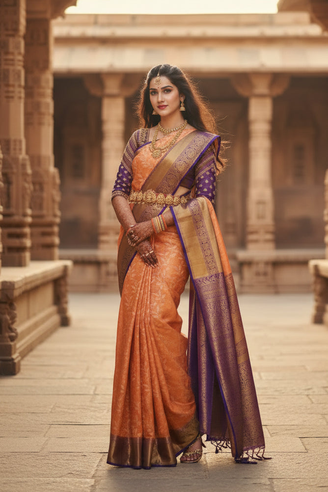 Women's Litchi silk Printed Saree With Unstitched Blouse (Orange) Kashvii
