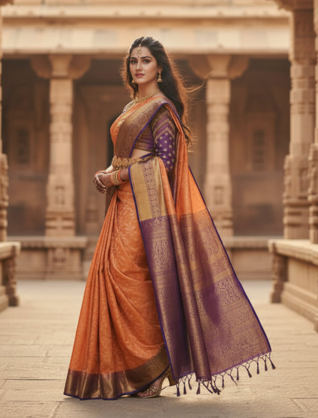 Women's Litchi silk Printed Saree With Unstitched Blouse (Orange)