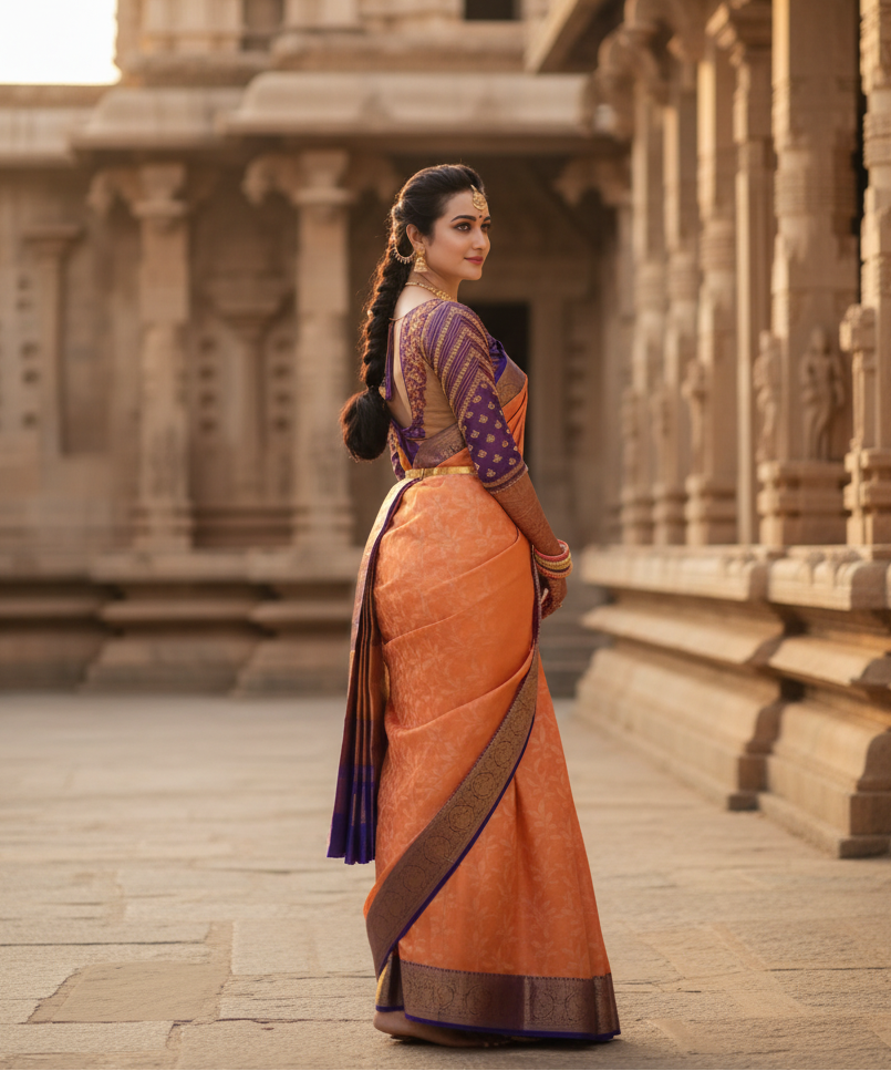 Women's Litchi silk Printed Saree With Unstitched Blouse (Orange) Kashvii