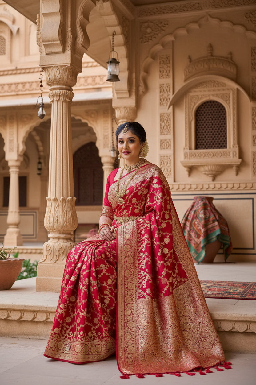 Women's litchi silk printed saree with unstitched blouse (red) kashvii