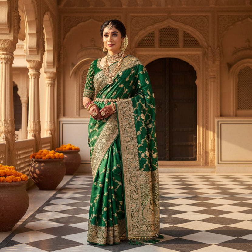 Women's Litchi silk Printed Saree With Unstitched Blouse (Green) Kashvii