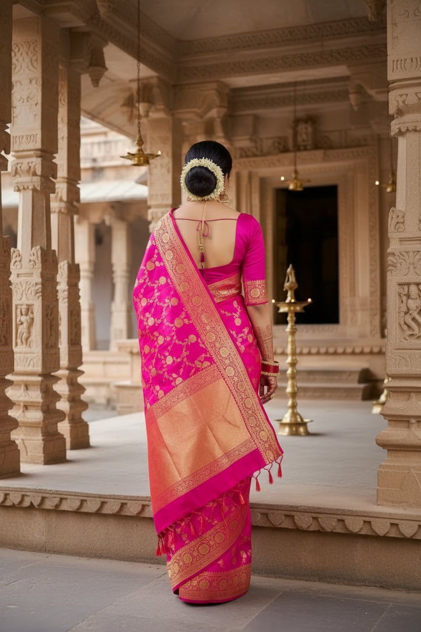 Women's litchi silk printed saree with unstitched blouse (pink)