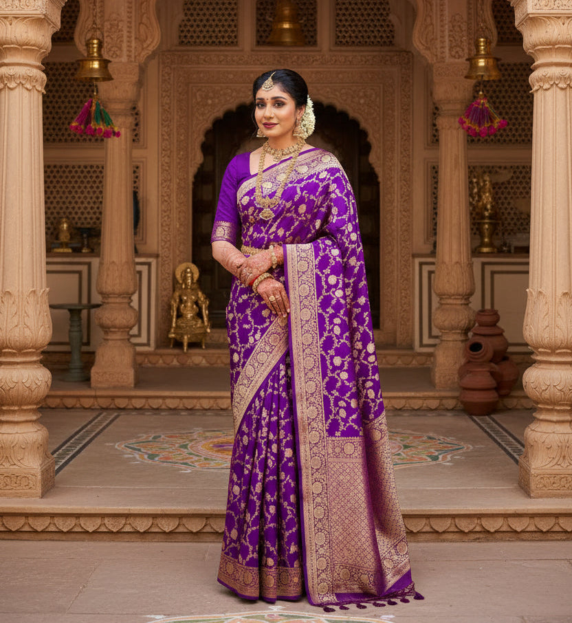 Women's Litchi silk Printed Saree With Unstitched Blouse (Purple) Kashvii