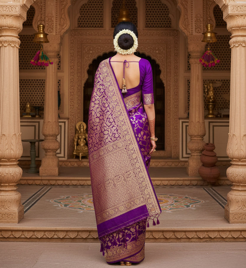 Women's litchi silk printed saree with unstitched blouse (purple)