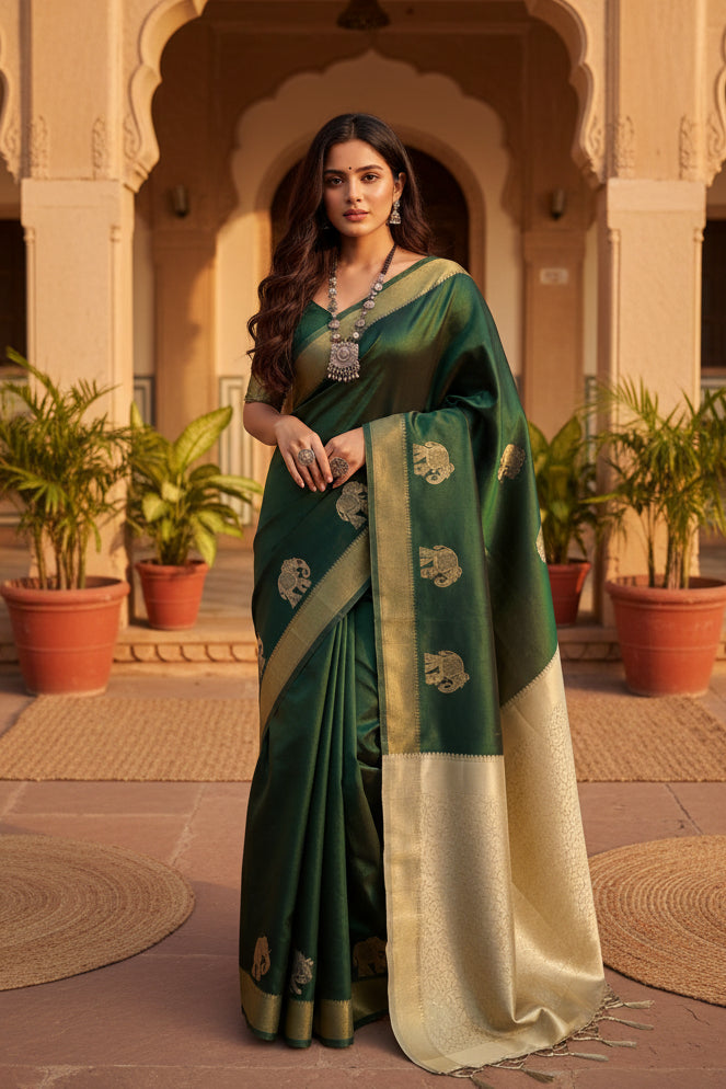Women's Litchi silk Printed Saree With Unstitched Blouse (Green) Kashvii