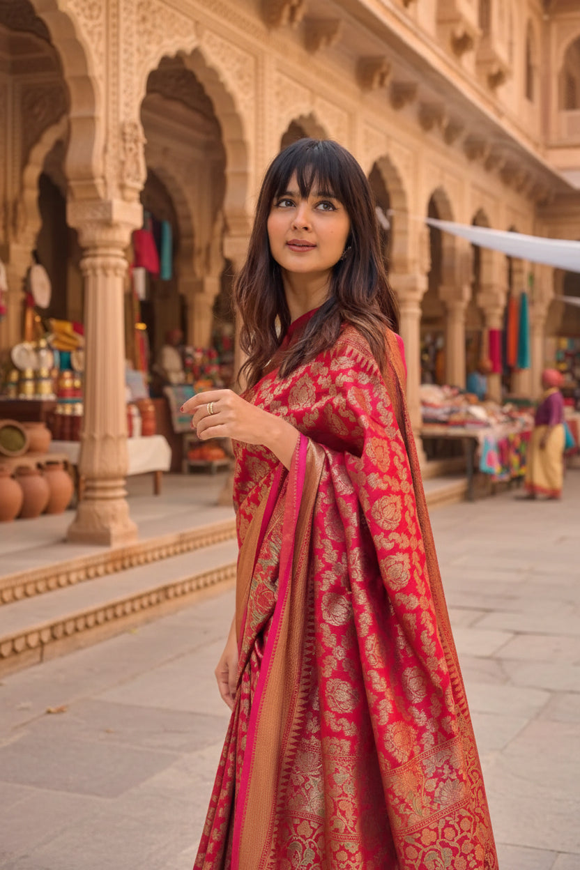 Women's Litchi silk Printed Saree With Unstitched Blouse (Red) Kashvii