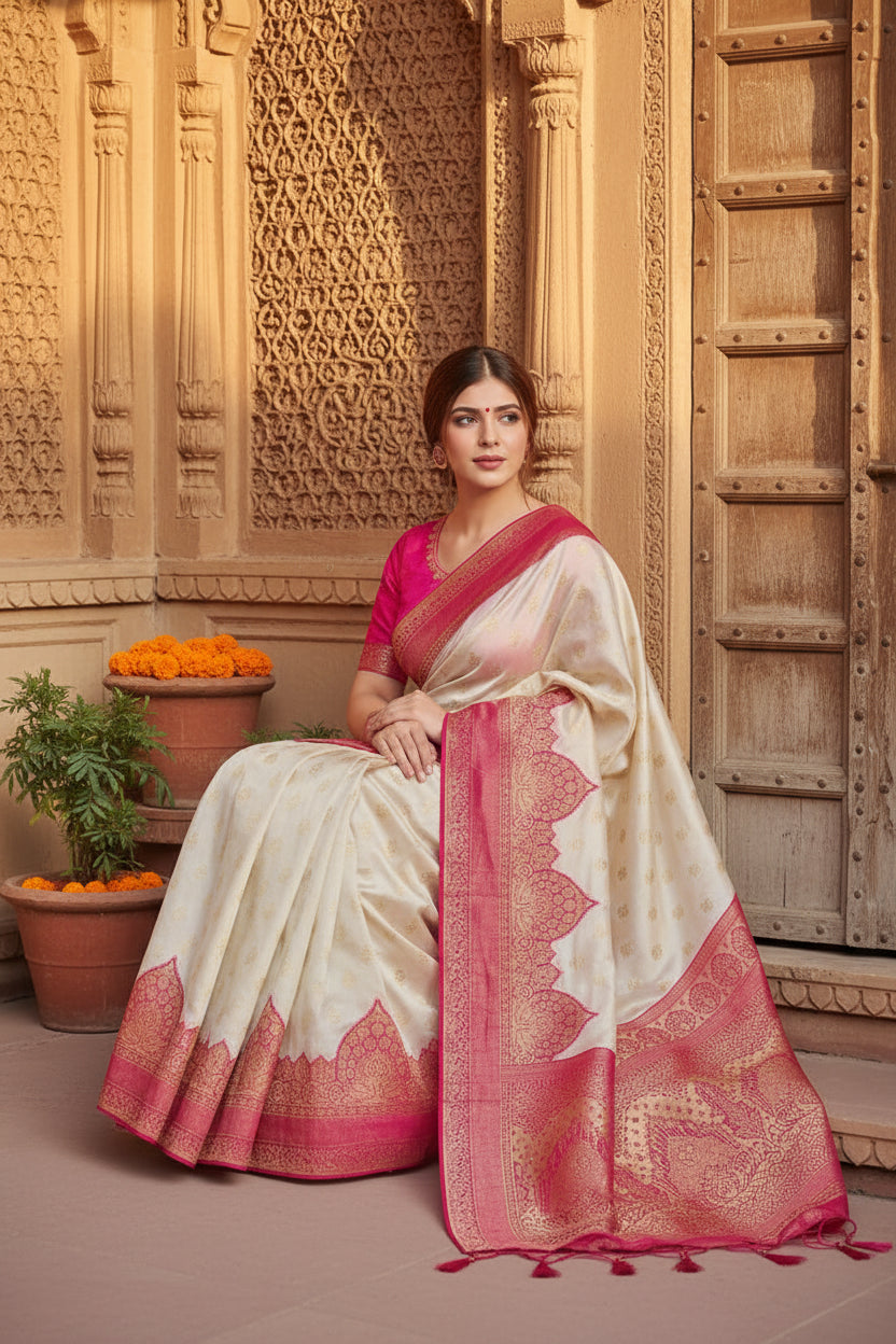 Women's Litchi silk Printed Saree With Unstitched Blouse (Half White)