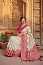 Load image into Gallery viewer, Women's Litchi silk Printed Saree With Unstitched Blouse (Half White)

