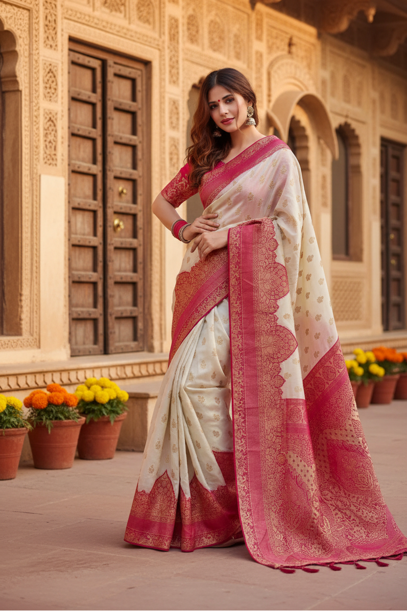 Women's Litchi silk Printed Saree With Unstitched Blouse (Half White) Kashvii