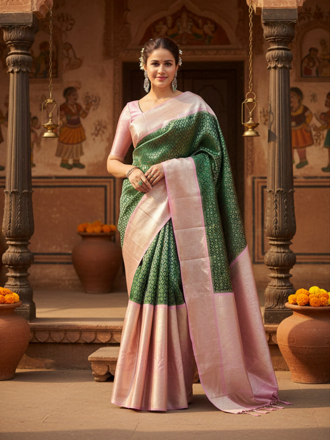 Women's Litchi silk Printed Saree With Unstitched Blouse (Green) Kashvii