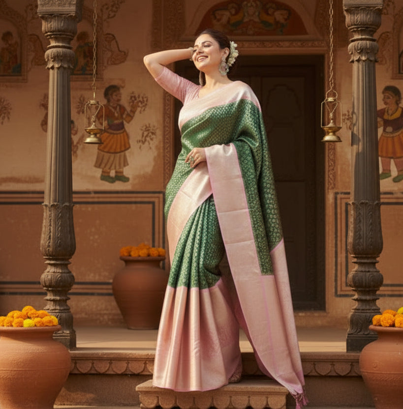 Women's Litchi silk Printed Saree With Unstitched Blouse (Green)