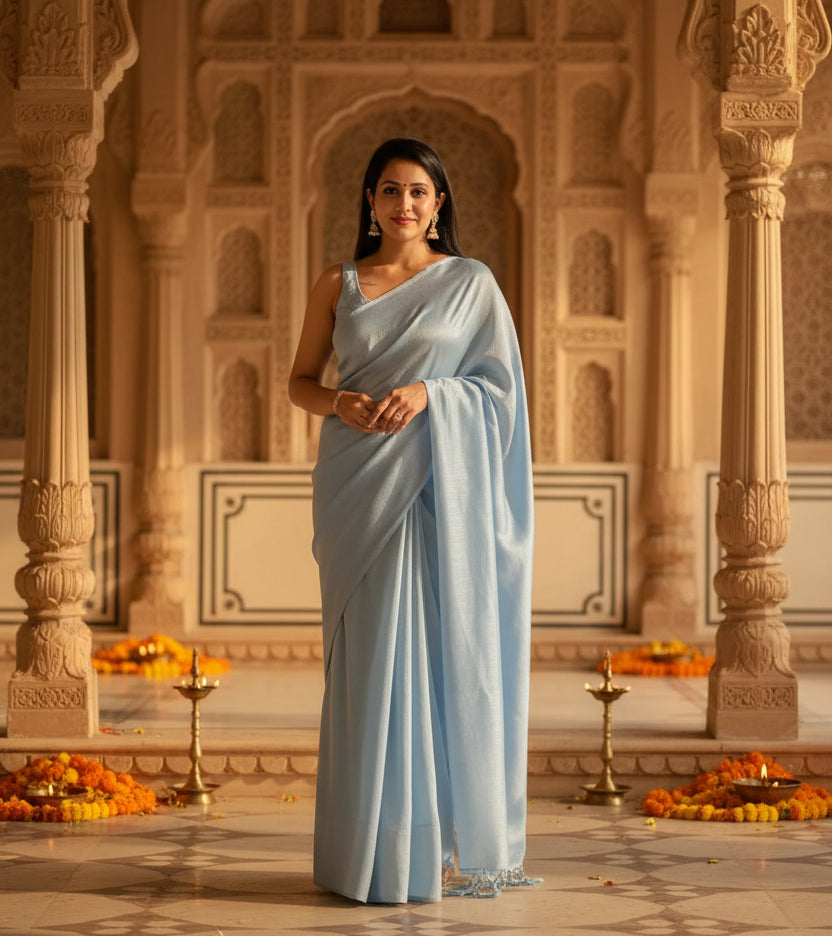 Women's litchi silk printed saree with unstitched blouse (light blue) kashvii