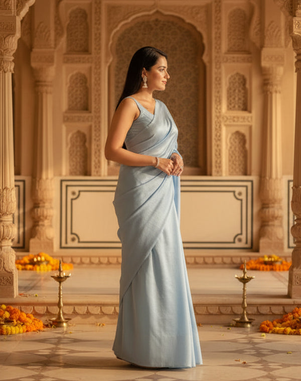 Women's Litchi silk Printed Saree With Unstitched Blouse (Light Blue)