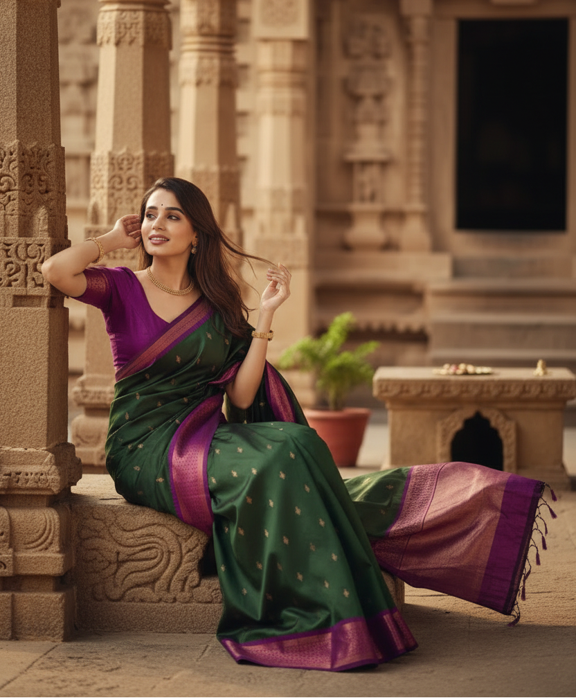 Women's Litchi silk Printed Saree With Unstitched Blouse (Dark Green) Kashvii