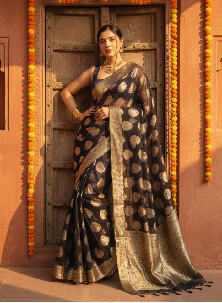 Women's Litchi silk Printed Saree With Unstitched Blouse (Black) Kashvii