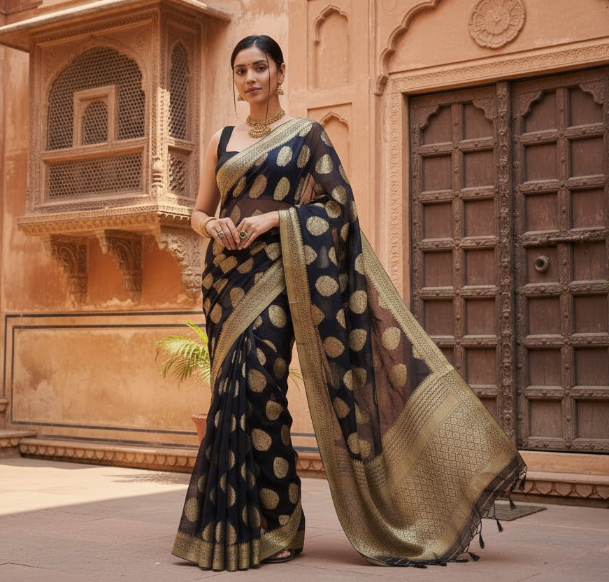 Women's Litchi silk Printed Saree With Unstitched Blouse (Black) Kashvii