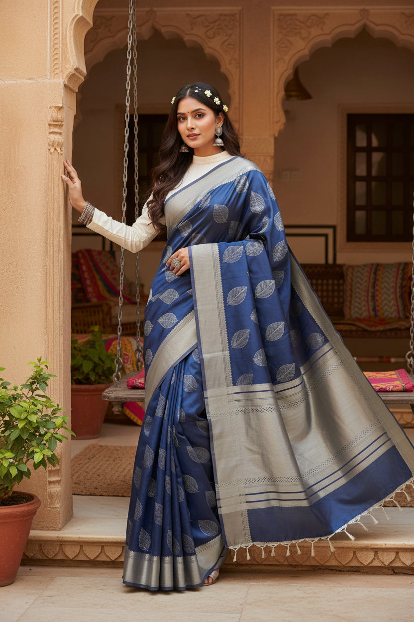 Women's Litchi silk Printed Saree With Unstitched Blouse (Dark Blue) Kashvii