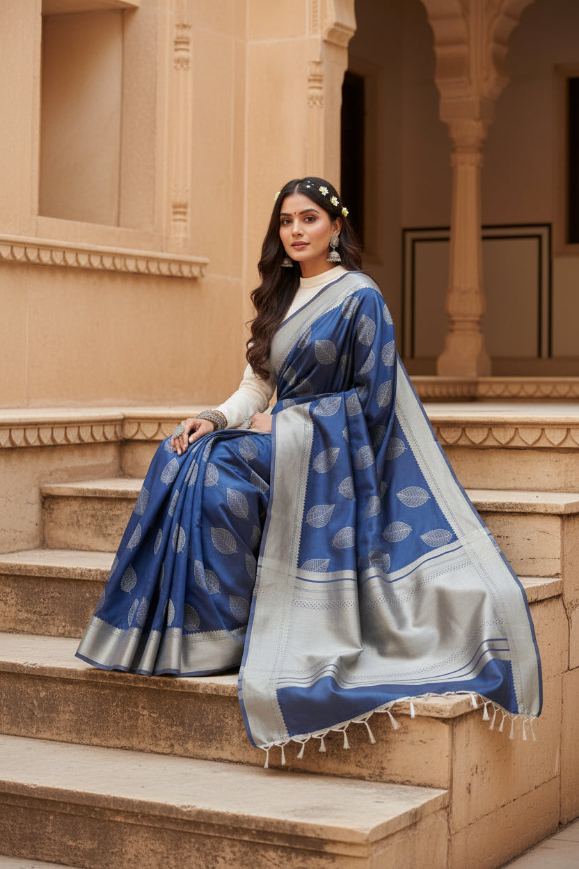 Women's Litchi silk Printed Saree With Unstitched Blouse (Dark Blue) Kashvii