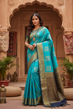 Load image into Gallery viewer, Women's Litchi silk Printed Saree With Unstitched Blouse (Light Blue With Black) Kashvii
