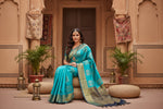 Load image into Gallery viewer, Women's Litchi silk Printed Saree With Unstitched Blouse (Light Blue With Black) Kashvii
