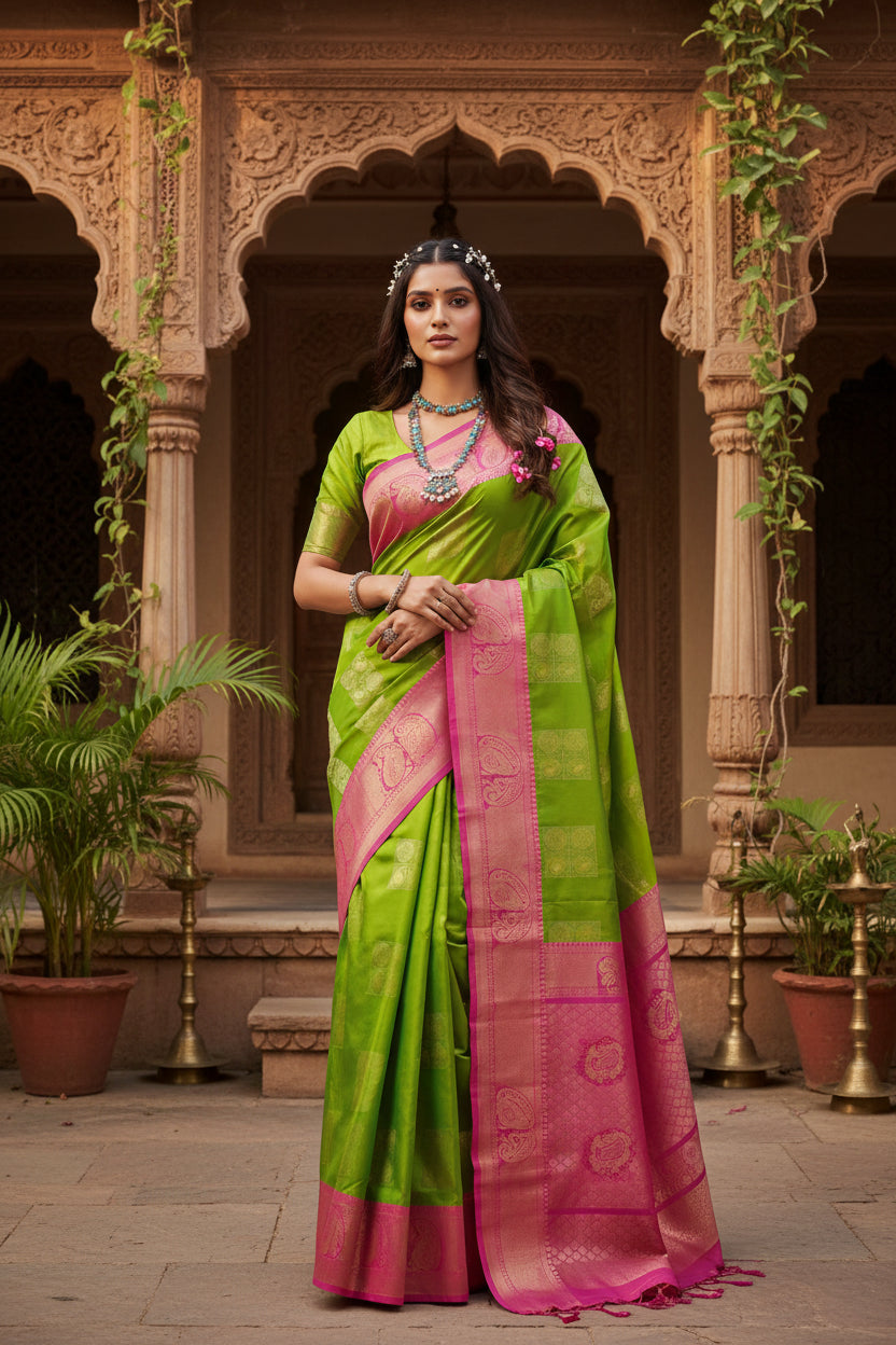 Women's litchi silk printed saree with unstitched blouse (green with pink) kashvii