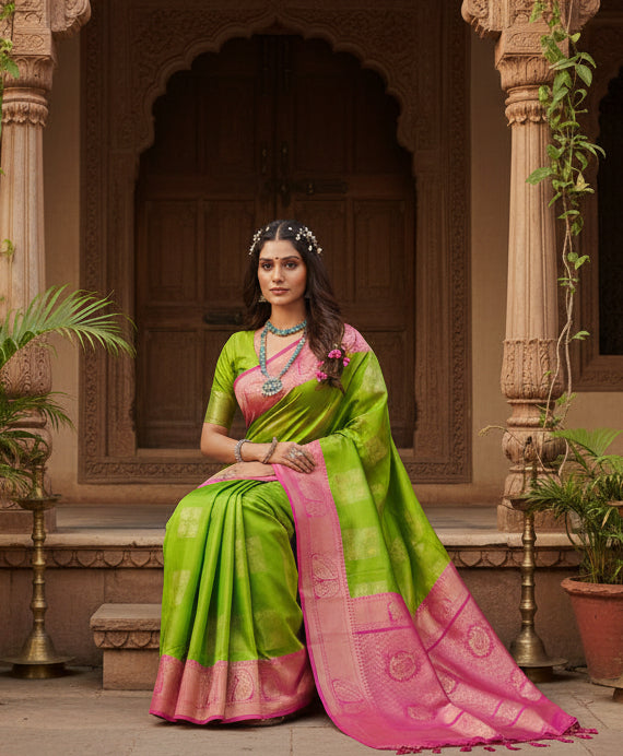 Women's Litchi silk Printed Saree With Unstitched Blouse (Green With Pink) Kashvii
