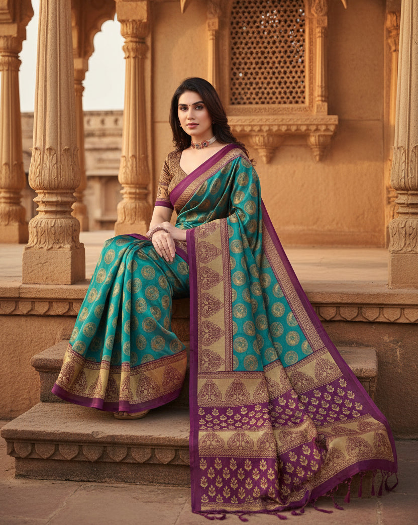 Women's Litchi silk Printed Saree With Unstitched Blouse  5-6 Mtrs (Green) Kashvii