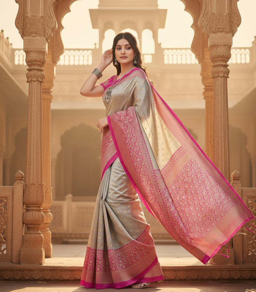 Women's litchi silk printed saree with unstitched blouse  5 6 mtrs (gray) kashvii