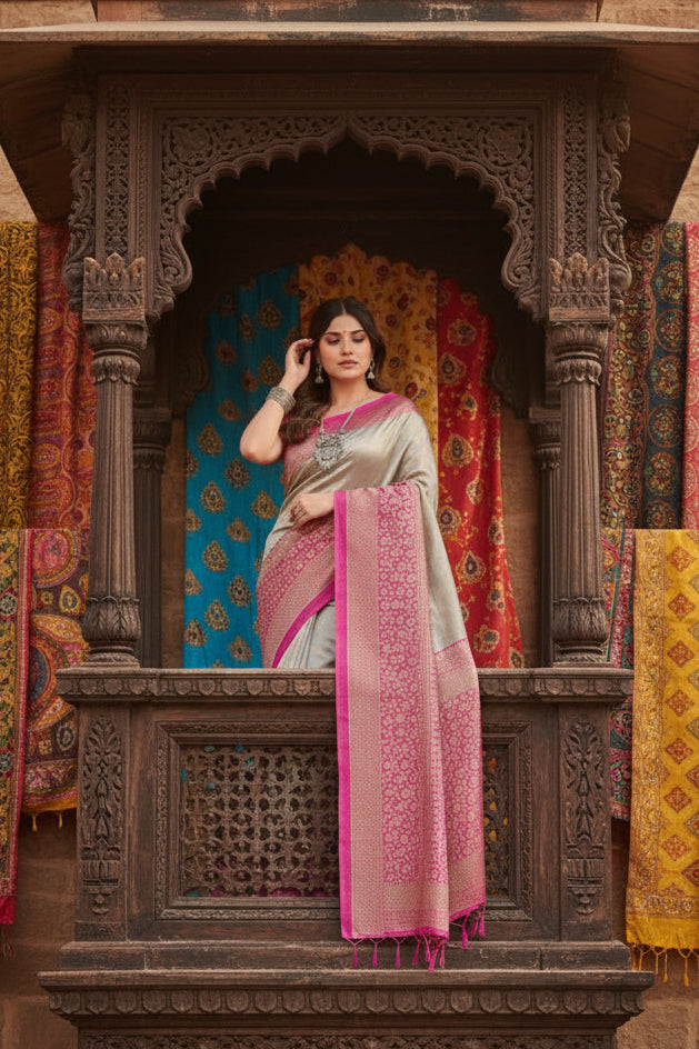 Women's Litchi silk Printed Saree With Unstitched Blouse  5-6 Mtrs (Gray)