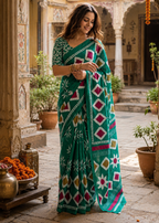 Soft Mulmul Cotton Batik Block-Printed Saree with Unstitched Blouse (Teal)