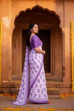 Load image into Gallery viewer, Linen Batik Printed Saree With Unstitched Blouse(Purple)
