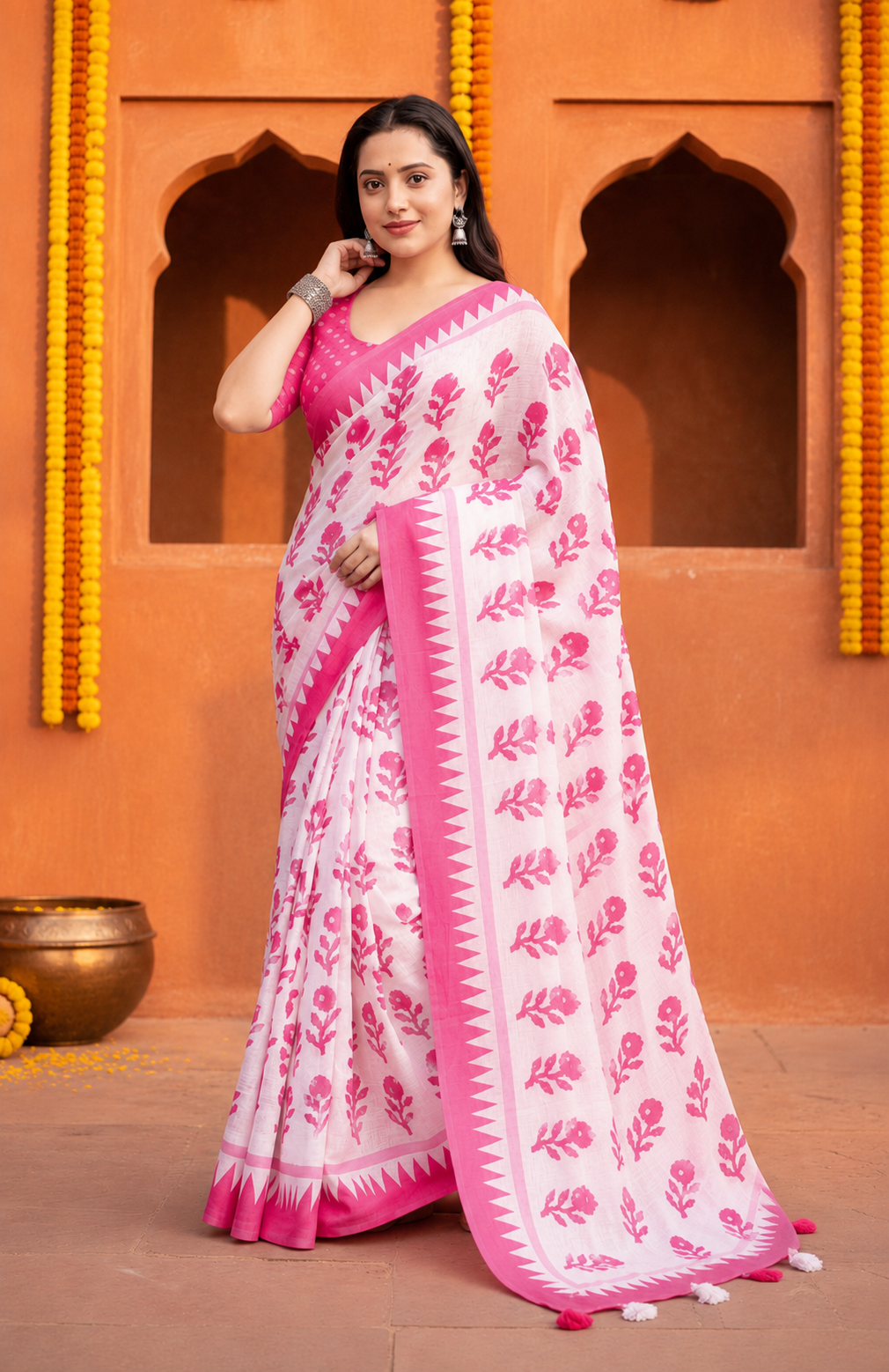 Linen Batik Printed Saree With Unstitched Blouse(Pink)