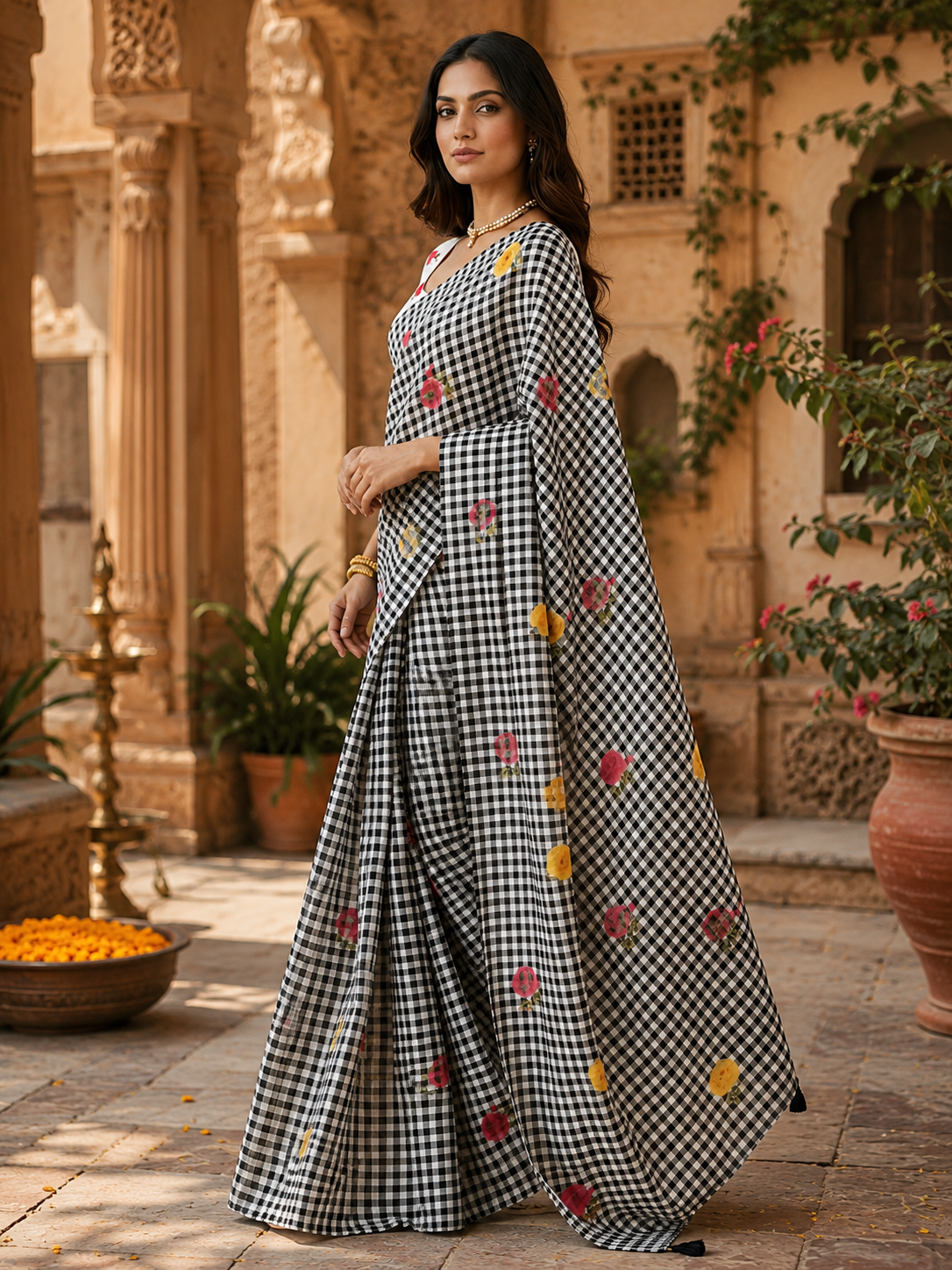 Linen Flora Chex Printed Saree With Unstitched Blouse(Grey)