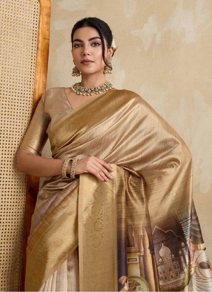 Women's Silk Printed Saree With Unstitched Blouse 5.5Mtr (Gold)