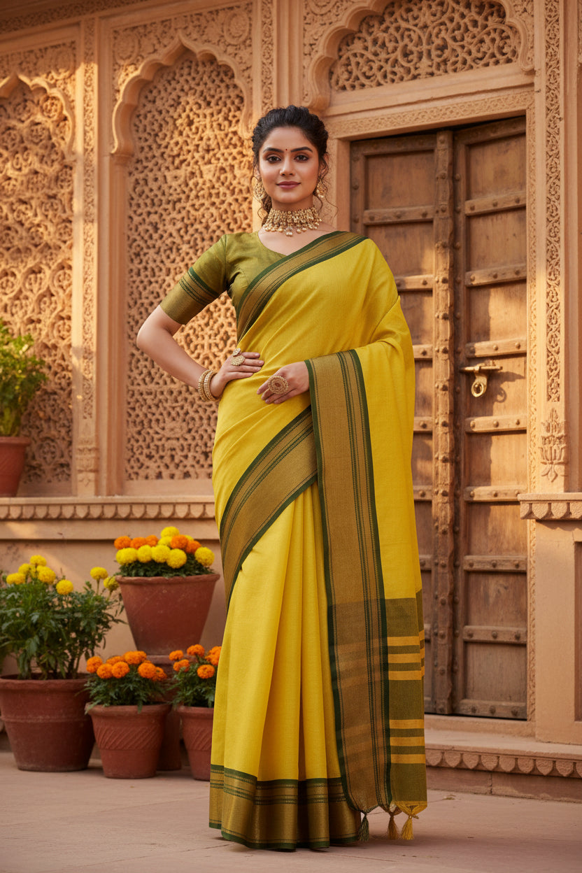 Women's Silk Blended Jaquard Woven Saree With Unstitched Blouse 5.5Mtr (Yellow)