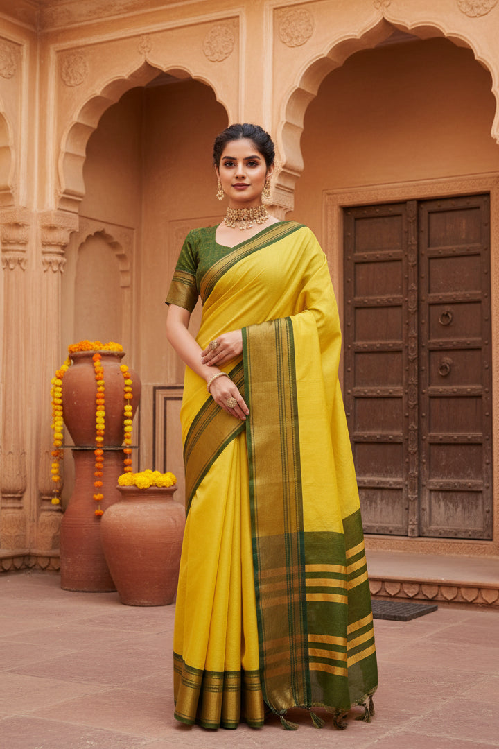 Women's Silk Blended Jaquard Woven Saree With Unstitched Blouse 5.5Mtr (Yellow)