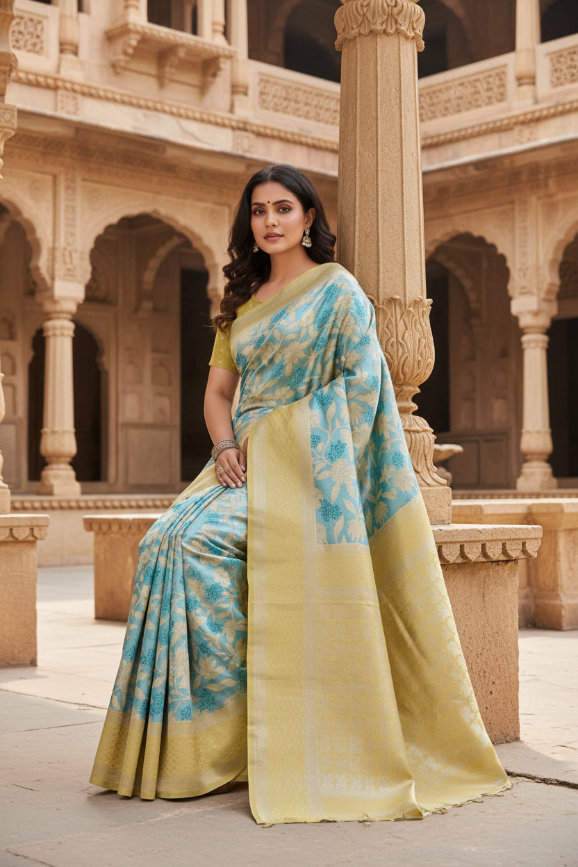 Women's Banarasi Silk Jaquard Woven Saree With Unstitched Blouse 5.5Mtr (Yellow) Kashvii