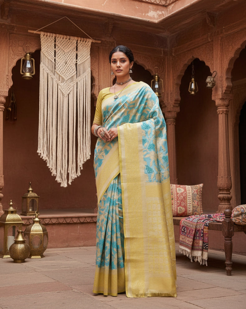 Women's banarasi silk jaquard woven saree with unstitched blouse 5