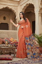 Load image into Gallery viewer, Women's Linen Printed Saree With Unstitched Blouse 5.5Mtr (Red) Kashvii
