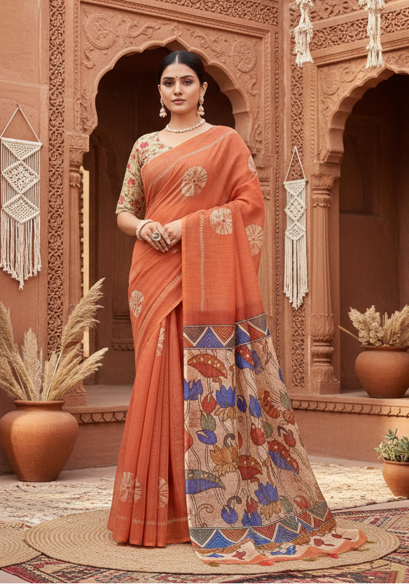 Women's linen printed saree with unstitched blouse 5