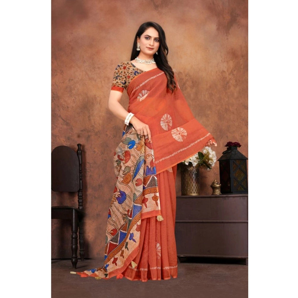Women's Linen Printed Saree With Unstitched Blouse 5.5Mtr (Red) Kashvii
