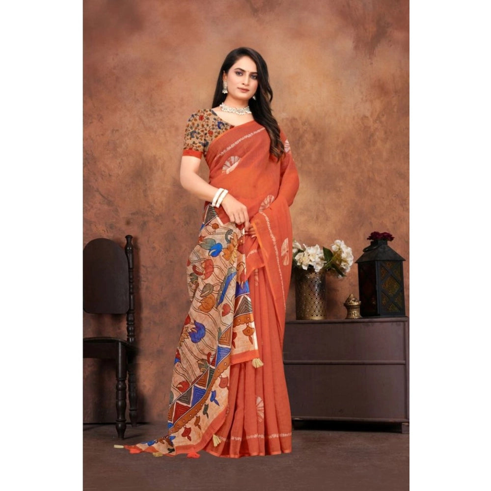 Women's Linen Printed Saree With Unstitched Blouse 5.5Mtr (Red) Kashvii