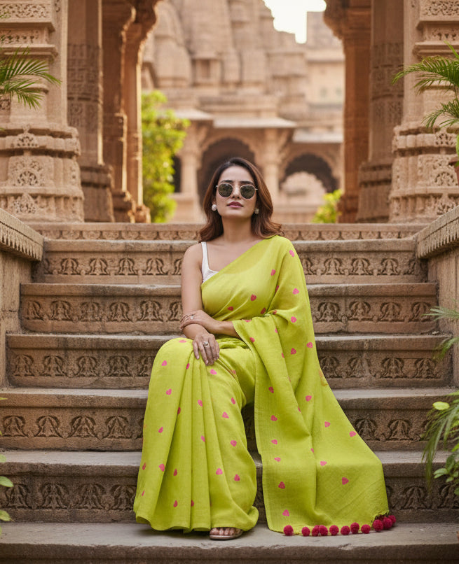 Women's Linen Printed Saree With Unstitched Blouse 5.5Mtr (Light Green)