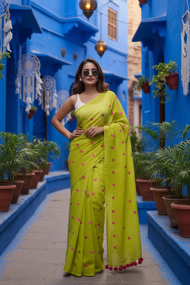 Women's Linen Printed Saree With Unstitched Blouse 5.5Mtr (Light Green)