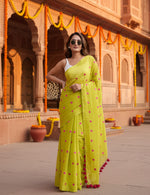 Load image into Gallery viewer, Women's Linen Printed Saree With Unstitched Blouse 5.5Mtr (Light Green)
