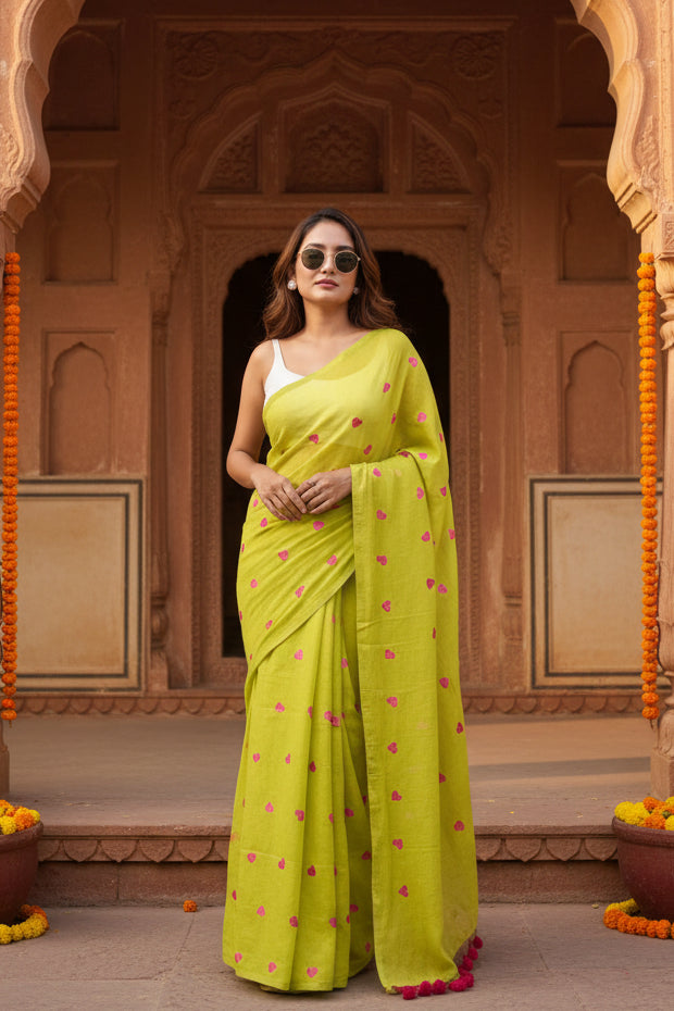 Women's Linen Printed Saree With Unstitched Blouse 5.5Mtr (Light Green)