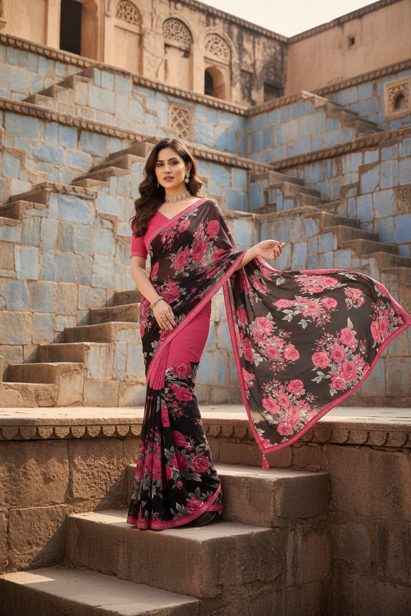 Women's Georgette Printed Saree With Unstitched Blouse 5.5Mtr (Pink)