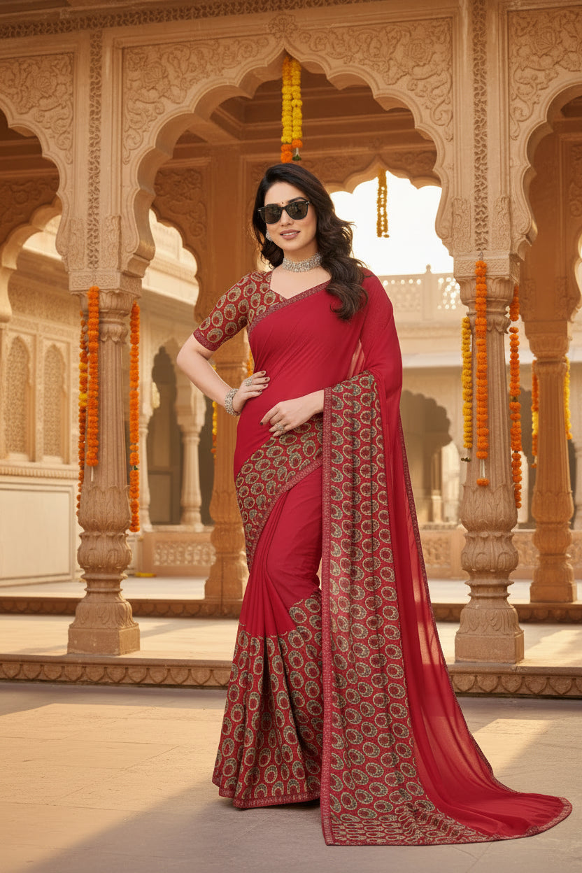 Women's Georgette Printed Saree With Unstitched Blouse 5.5Mtr (Red)